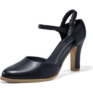 Women's Navy Chunky High Heels Closed Pointed Toe Ankle Strap Pumps Shoes